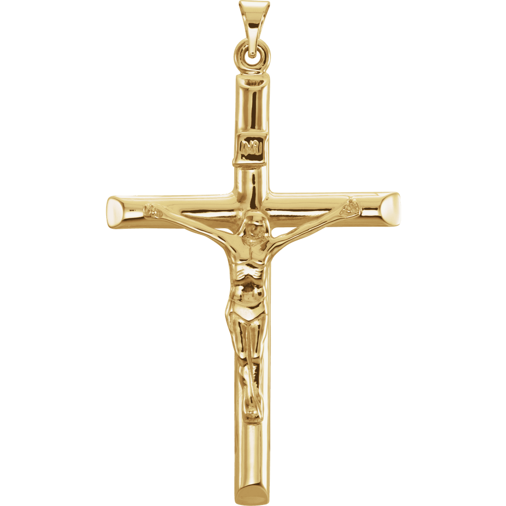 Solid Gold Crucifix Pendant with Curb Chain — 14K Yellow Gold Jesus Cross Necklace for Men